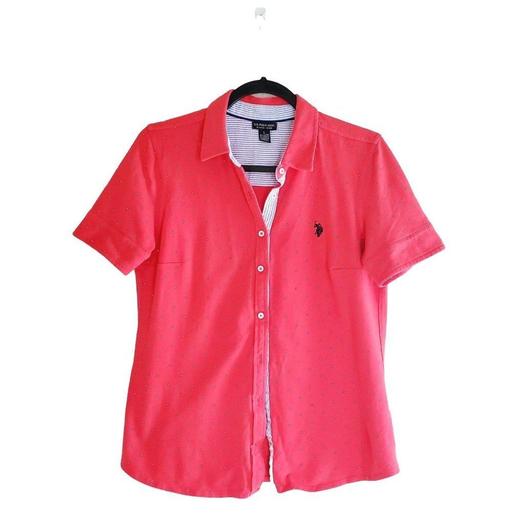 U.S. Polo Assn. Womens Polo Shirt L Short Sleeve Polka Dot -Orange